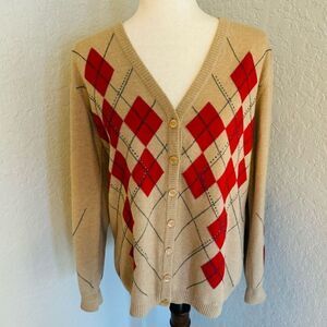 ESCADA Argyle Wool Cashmere Blend Cardigan Luxury Sweater 42 Euro, Large Tan/Red